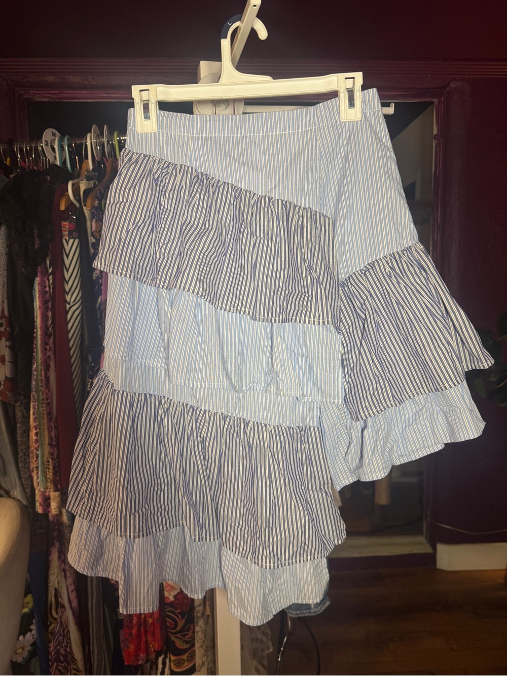 EUC REVOLVE x L’Academie Asymmetrical Ruffle Skirt • Blue & White Stripe • Sm - Picture 4 of 4